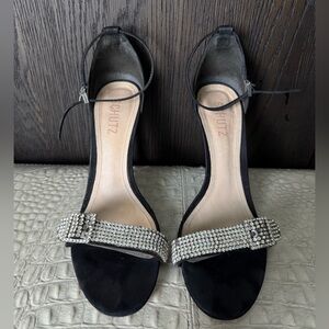 Schutz Black Velvet Rhinestone Buckle Heels Size 9B Elegant Ankle Strap‎ Sandals